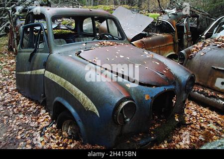 Bastnäs Autofriedhof im Oktober Stockfoto