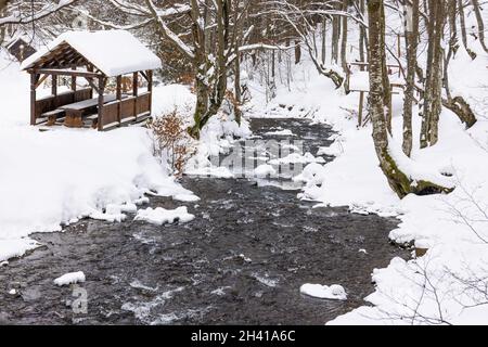 Ein Holzpavillon in den Tiefen des Waldes in der Nähe eines Bergbaches, an dem die Menschen vorbeilaufen und aus dem Tal hinaufklettern Stockfoto