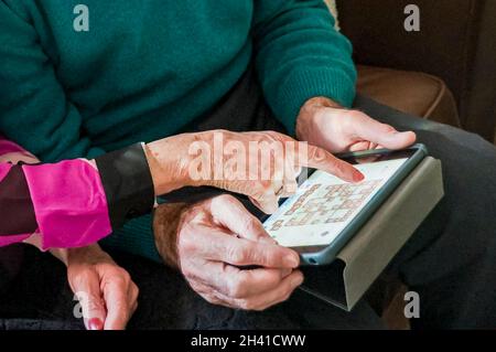 Horizontale Porträt von einem älteren Ehepaar mit einem Ipad zusammen. Stockfoto