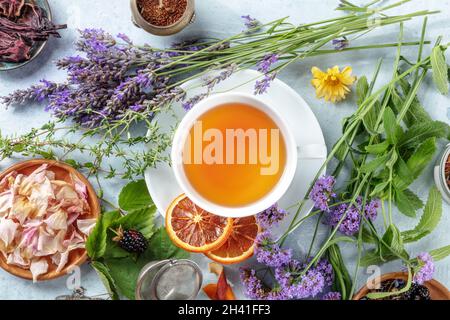 Tee. Kräuter, Blumen und Früchte um eine Tasse Tee herum lag eine flache Decke Stockfoto