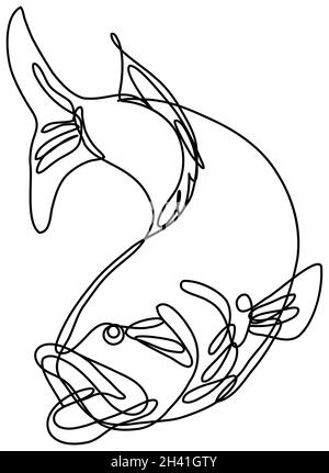 Bucketmouth Bass Jumping Down Continuous Line Drawing Stockfoto