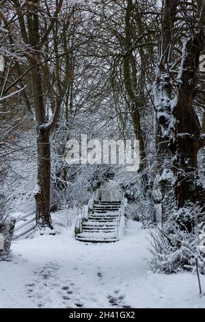 Schneebedeckte Treppen draußen in einer schneebedeckten Landschaft, die in die Ferne führt. Abenteuer, erkunden, Mystery Konzept Stockfoto