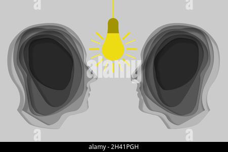 Menschlicher Kopf mit Lampe Symbol Ausschnitt Papierkunst Stockfoto