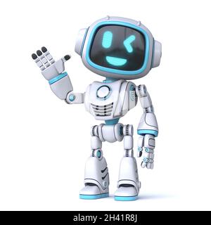 Niedlicher blauer Roboter winkt Hand 3D Stockfoto