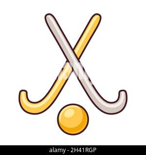 Tikhy oder Tikhee, traditioneller laotischer Hockeysport. Wildstöcke und goldene Kugel (Louk khee). Cartoon-Zeichnung, Vektor Clip Art Illustration. Stock Vektor