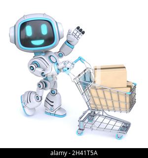 Niedliche blaue Roboter Push Warenkorb 3D Stockfoto