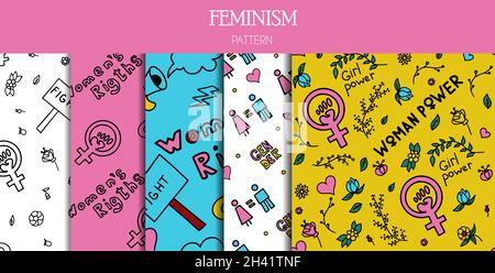 Eine Reihe nahtloser Muster kritzeln Zeichen des Feminismus, der Rechte der Frauen. Grunge handgezeichnete Vektor-Ikonen des Feminismus Protestsymbole Eine Kundgebung, für die man kämpfen muss Stock Vektor