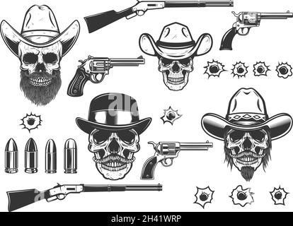 Set mit Illustrationen von Cowboy-Schädeln und Waffen im monochromen Stil. Gestaltungselement für Logo, Etikett, Schild, Emblem, Plakat. Vektorgrafik Stock Vektor