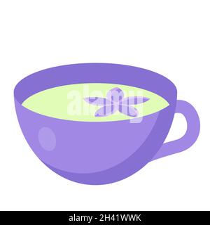Lustige Cartoon-Tasse mit Kräutertee mit Blume, niedliche Vektor-Illustration in flachem Stil. Violette, violette und grüne Farben. Heißes Getränk im Herbst, gemütlicher Stil Stock Vektor