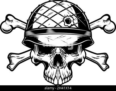 Abbildung des Soldaten Schädels in Militärhelm mit gekreuzten Knochen. Designelement für Logo, Etikett, Schild, Emblem. Vektorgrafik Stock Vektor