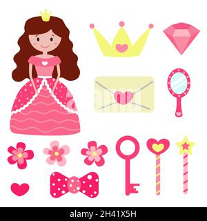 Set von niedlichen Cartoon Prinzessin in schönen rosa Kleid und ihre Accessoires. Zauberstab, Schlüssel, Liebesbrief, Diamant, Krone, Spiegel und andere Dinge Stock Vektor