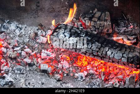 Brennende Holzstämme in der Natur an einem Sommerabend Stockfoto