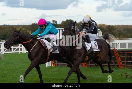 Ascot, Bergen, Großbritannien. 30. Oktober 2021. Jockey Paddy Brennan (rosa Mütze) Reitpferd Peking Rose und Jockey Ciaran Gethings (schwarze Seide) Reitpferd Mexiko im Stella Artois Novices' Hurdle Race (Klasse 3) (GBB Race). Quelle: Maureen McLean/Alamy Stockfoto