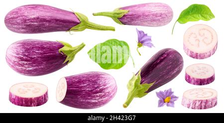 Sammlung isolierter Auberginen. Stücke von rohen lila Aubergine und ganze Früchte, Blätter und Blumen isoliert auf weißem Hintergrund Stockfoto