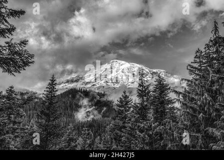 Der Mt Rainier, der sich hinter Wolken versteckt, vom Nisqually River aus gesehen, USA Stockfoto