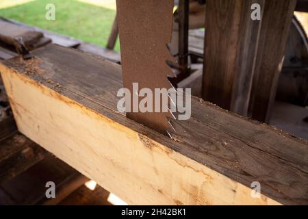 Vertikales Sägeblatt schneidet Holz in einem kolonialen Sägewerk Stockfoto