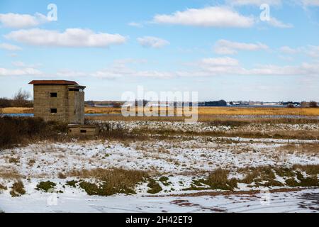 Die Überreste der Bawdsey-Batterie zur Seeverteidigung in der East Lane an der Küste von Suffolk. Küstenschutzprogramm Für Notfälle Stockfoto