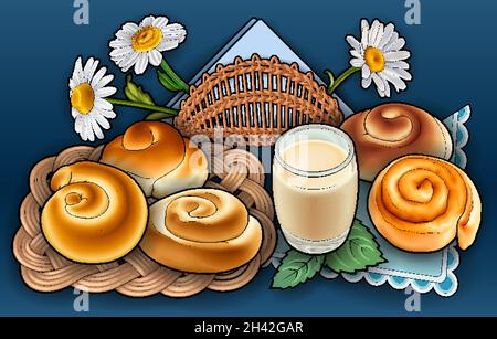 Brötchen und Milch, Weidenserviette Hand gezeichnet Vektor Doodle Illustration. Stock Vektor