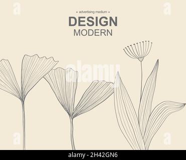 Eine Linie Zeichnung Vektor Blatt und Palmenblätter. Moderne einzeilige Kunst, ästhetische Kontur. Perfekt für Wohnkultur wie Poster, Wandbilder, Tote b Stock Vektor