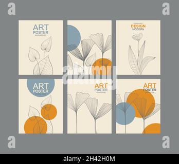 Set Mit Karten Mit Vintage-Blumen. Rahmen mit gravenden Blumen. Botanische Illustration mit Pflanzen und Blumen. Retro-Grafikstil. Stock Vektor