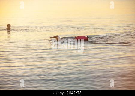 Eine Frau, die an einem kalten Oktobermorgen im Firth of Forth schwimmt Stockfoto