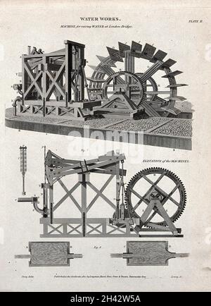 Eine paddelgetriebene Strahlmotor-Saugpumpe zum Anheben von Wasser, die an der London Bridge verwendet wird. Stich von W. Lowry, 1820, nach J. Farey. Stockfoto