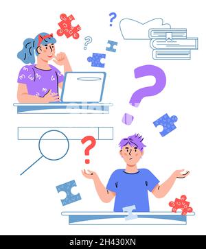 Kinder Online-Bildung Konzept mit Kindern studieren, Fragen stellen und Aufgaben lösen, flache Cartoon-Vektor-Illustration isoliert auf weißem Hintergrund Stock Vektor