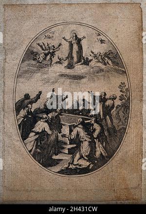 Die Apostel rund um das leere Grab beobachten die Himmelfahrt der Jungfrau. Gravur. Stockfoto