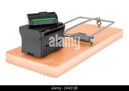 Multifunktions-Laserdrucker MFP im Mausefalle, 3D-Rendering isoliert auf weißem Hintergrund Stockfoto