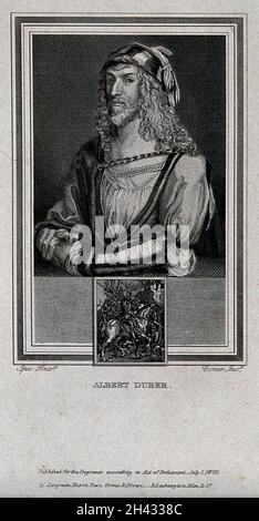 Albrecht Dürer mit einer umgekehrten Kopie von Dürers Druck eines Ritters, des Todes und des Teufels darunter. Stich von J. Corner, 1825, nach A. Dürer. Stockfoto