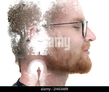 Ein Porträt eines Mannes kombiniert mit einem Gemälde. Paintographie. Stockfoto
