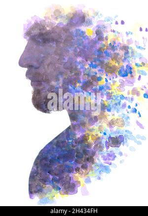 Ein Profilporträt eines Mannes kombiniert mit einem abstrakten Aquarell in einer malerischen Technik. Stockfoto