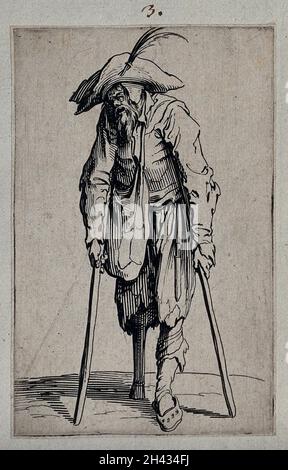 Bettler mit einem hölzernen Bein. Radierung mit Gravur von Jacques Callot, ca. 1622. Stockfoto