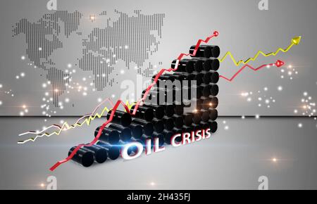 Gruppe von Ölfässern mit Grafiken der Börse als Konzept des Rohstoffs. Konzept der Finanzkrise in der Finanzwelt. Nach unten am Ölpreis, Marktrückstand Stockfoto