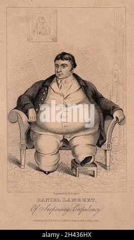 Daniel Lambert, ein sehr großer Mann. Kupferstich von R. Cooper, 1821. Stockfoto