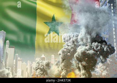 Große Rauchsäule mit Feuer in der modernen Stadt - Konzept der industriellen Explosion oder terroristischen Akt auf Senegal Flagge Hintergrund, Industrie 3D illustrr Stockfoto