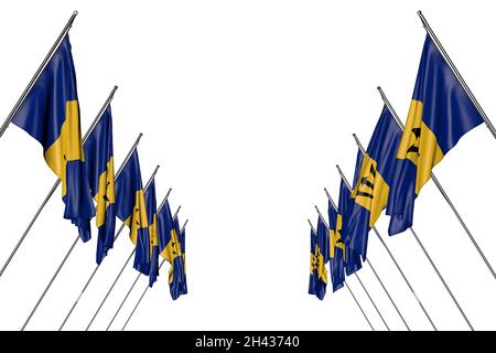 Schöne viele Barbados Flaggen hängen auf diagonalen Masten von links und rechts isoliert auf weiß - jede Urlaubsflagge 3d-Illustration Stockfoto