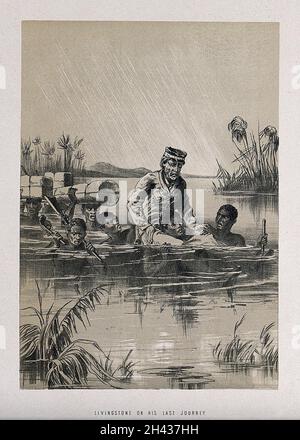 David Livingstone, der an Fieber litt, trug sich auf den Schultern eines seiner Männer durch einen Fluss. Lithographie. Stockfoto