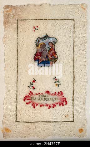 Die heilige Maria (die selige Jungfrau) und der heilige Josef mit dem Christkind. Gouache malen. Stockfoto