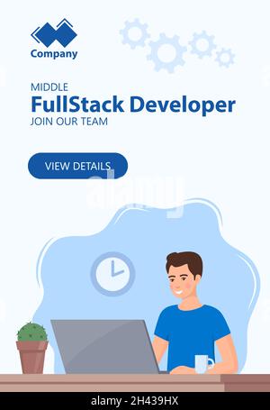 Recruitment Web horizontales Banner-Konzept. Full Stack Developer erforderlich. Junger Mann, der im Büro an einem Laptop arbeitet. Stellenangebot, offene Stelle, Personalwesen, Einstellung. Vektor Stock Vektor