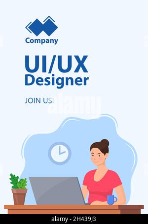 Recruitment Web vertikales Banner-Konzept. UI UX Designer erforderlich. Web-Designer. Junge Frau, die im Büro an einem Laptop arbeitet. Stellenangebot, offene Stelle, Personalwesen, Einstellung. Stock Vektor