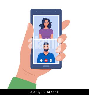 Freunde, die Videos auf dem Smartphone abspielen. Videocall-Konzept. Hand hält Smartphone mit Mann und Frau auf dem Bildschirm. Videokommunikation online. Durchsprechen Stock Vektor