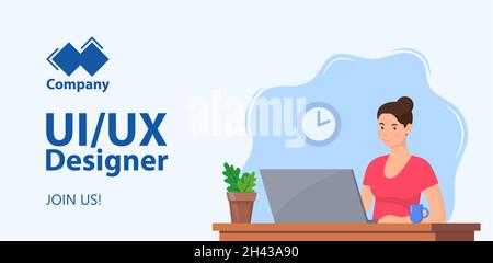 Recruitment Web horizontales Banner-Konzept. UI UX Designer erforderlich. Web-Designer. Junge Frau, die im Büro an einem Laptop arbeitet. Stellenangebot, offene Stelle, HR, Hirin Stock Vektor