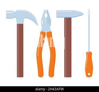 Sammlung von Arbeitswerkzeugen. Reparatur- und Bauwerkzeuge Icon Set. Hammer, Zange, Feile, Schraubendreher, Schraubenschlüssel. Vektorgrafik flach Stock Vektor