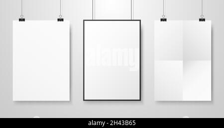 Modell mit weißen Postern. Drei verschiedene Papierblätter mit Schatten. Fotorohlinge, die an der Wand hängen. Realistische A4-Vorlagen. Vektorgrafik. Stock Vektor