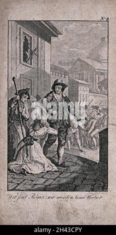 Eine junge Frau kniet vor einem Mann nieder und bittet um ihr Leben. Radierung von Schedel. Stockfoto