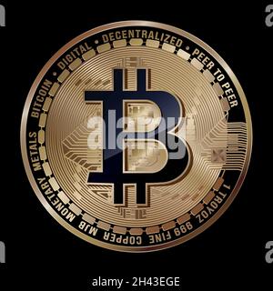 Vektorzeichnung, goldene Bitcoin Münze auf schwarzem Hintergrund Stock Vektor