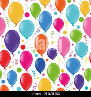 Nahtloses Vektormuster. Helle Luftballons und Luftschlangen auf weißem Hintergrund. Geeignet zum Verpacken von Papier, Grußkarten, Textilien und Drucken. Stock Vektor