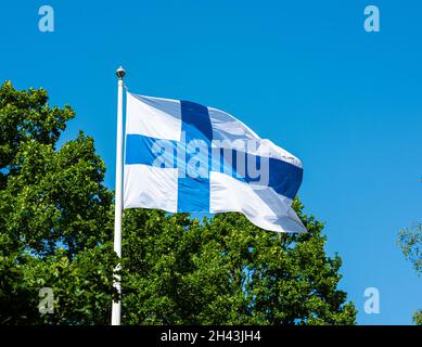 Flagge Finnlands auf einem Fahnenmast mit gree-Bäumen im Hintergrund. Stockfoto