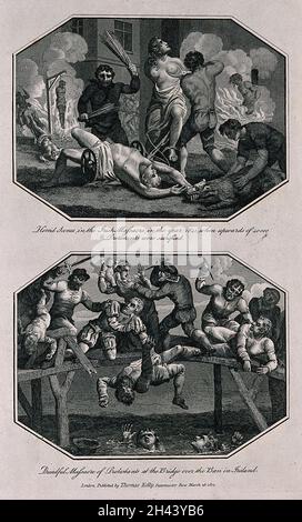 Oben das irische Massaker von 1641: Männer werden gehängt, geschlagen und hinter Pferden an den Füßen geschleppt, während eine Frau ihre Brustwarzen mit einer großen Schere abschneiden lässt; unten werden Männer, Frauen und Kinder auf einer Brücke über den Fluss Boen in Irland massakriert. Radierung mit Gravur. Stockfoto